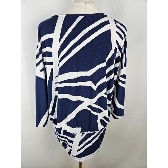 Clara Sunwoo Top XL Navy & White Abstract Print Tie Waist Artsy Faux Wrap - Picture 3 of 7
